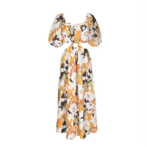 Faithful the Brand Trinita Maxi Dress Womens 2 Yellow White Floral Puff Sleeve